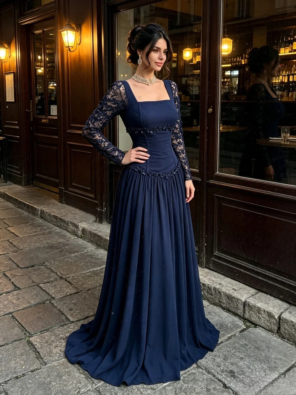 Customized 2026 Blue Square Neck Long Sleeve Lace Prom Dress Beaded A Line Evening Gown Luxury Formal Party Quinceanera Gown