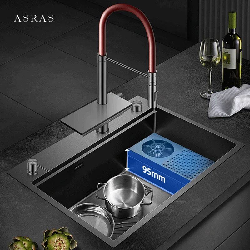 ASRAS Nanometer Cup Rinser Kitchen Sinks 4mm Thickness Handmade SUS 304 Stainless Steel Sinks Waterfall Faucet Kitchen Sinks