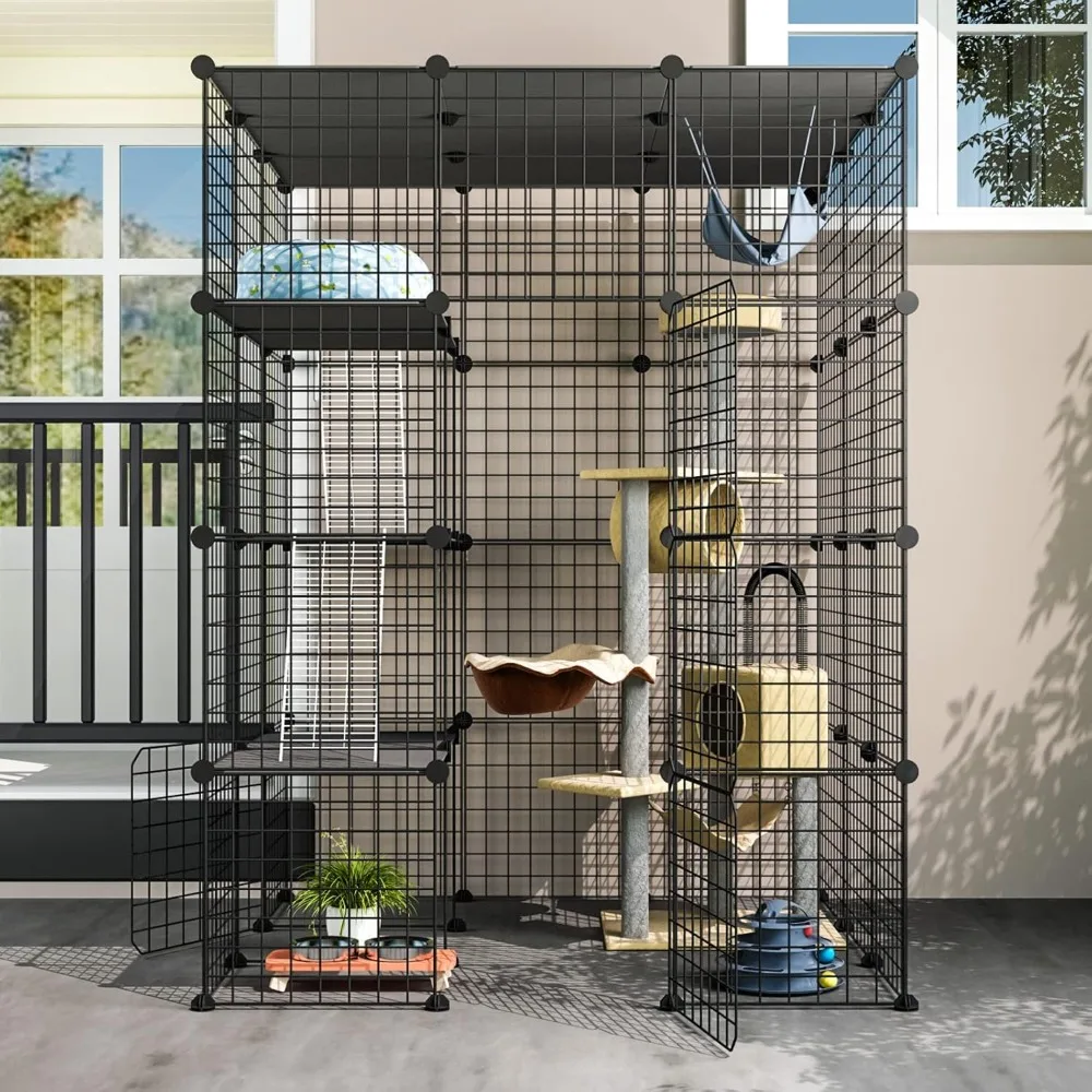 

Outdoor Cat House Cat Cages Enclosure with Super Large Enter Door, Balcony Cat Playpen with Platforms,DIY Kennels