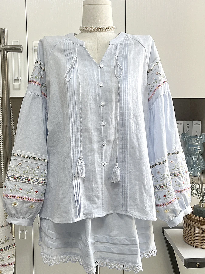 Verano algodón muñeca de lino bordado irt A-Line falda conjunto único Fem Faion 8-25 años largo Sve traje de dos piezas