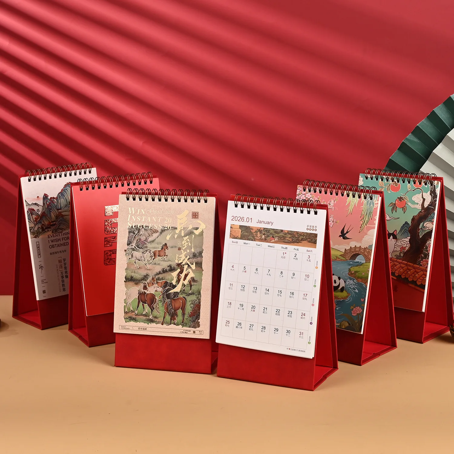2027 Chinese Style Standing Desk Calendar with Gift Box Auspicious Wish Table Calendar for Office Desk Decoration and New Year