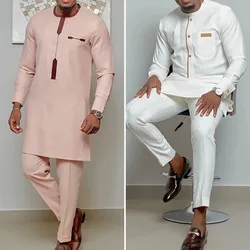 White Men's Wedding Kaunda Suits Long Sleeve Tops Pants African Ethnic Casual Traditional Clothing 2PCS Suit Kaftan Outfits Wear