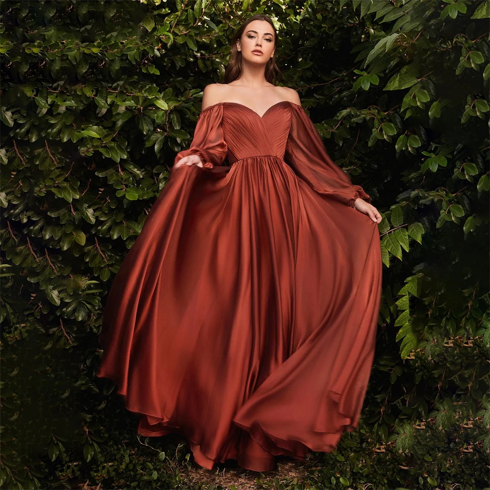 

Elegant A-Line Evening Dresses Long Sleeves Pleated Graduation Prom Gown Wedding Sweep Train Party Dresses Custom Robe de Soiree