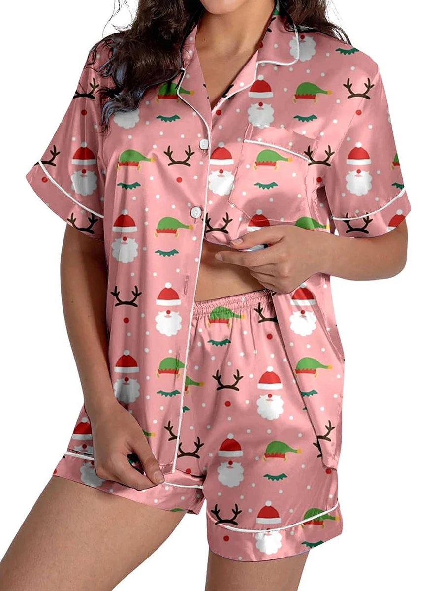 Women Christmas Pajamas Set, Santa Claus Tree Print Short Sleeve Button Closure Shirt with Shorts Sleepwear Loungewear