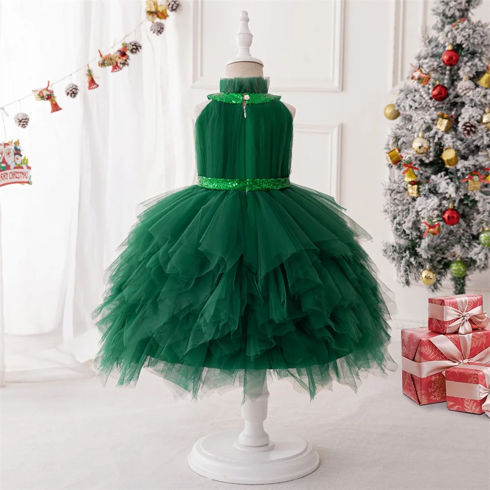 Floral Christmas Party Dress For Girls Kids Vintage Green Lace Gown Girl Big Bow Christening Clothes Young Carnival Pageant Wear