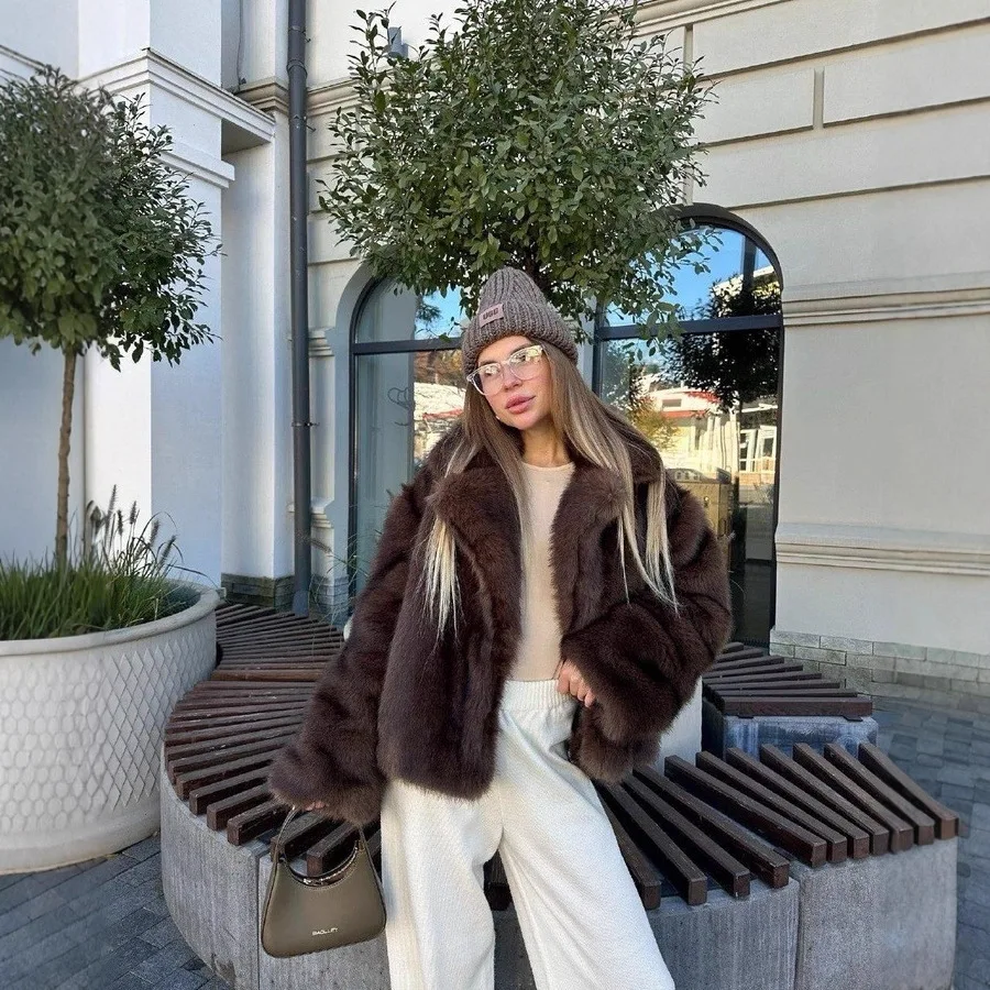 Brown Fluffy Jacket, Short Imitation Fur Top, Women's European And American Fashion Wear, Environmentally Friendly Fur Wholesale