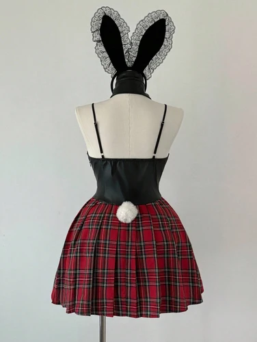 Imagen 2 del producto Vestido plisado de talla grande Punk, ropa oscura, lazo de cuerda para cóctel, cuero Pu, tirantes de rejilla roja, Sexy y delgado