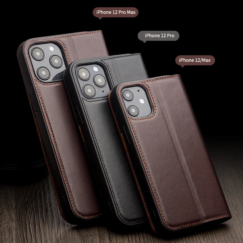 Qialino Full Grain Real Genuine Cowhide Leather Cover For Iphone 15 14 16 13 12 11 Pro Max Retro Business Flip Phone Case Wallet image 2