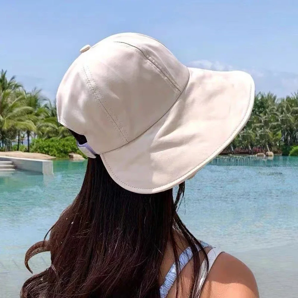 Foldable Summer Wide Brim Sunhat Women Sun Hats Adjustable Outdoor Beach Bucket Hat UV Protection Visors Fisherman Ponytail Caps