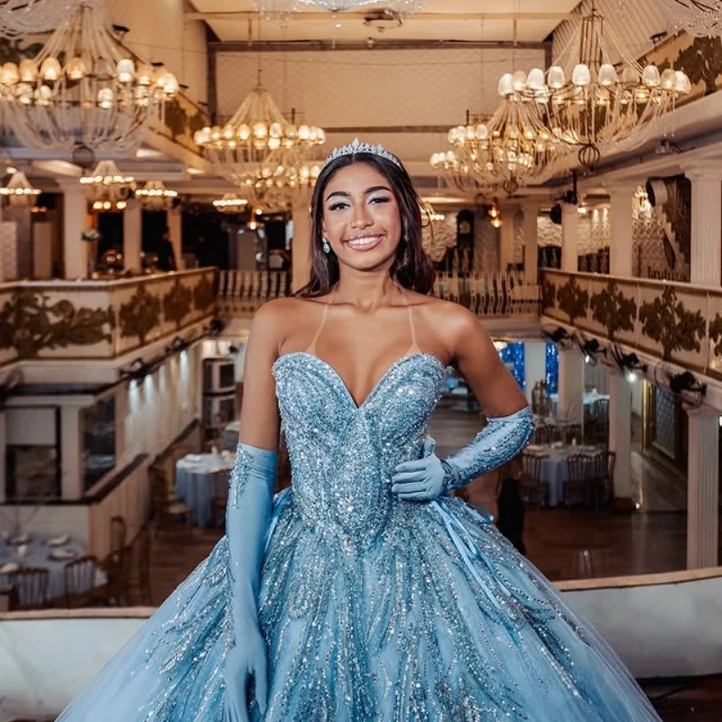 

Shiny Blue Quinceanera Dress off-shoulder crystal glitter Decal Long tail Vestidos De 15 Quinceanera ﻿Customize