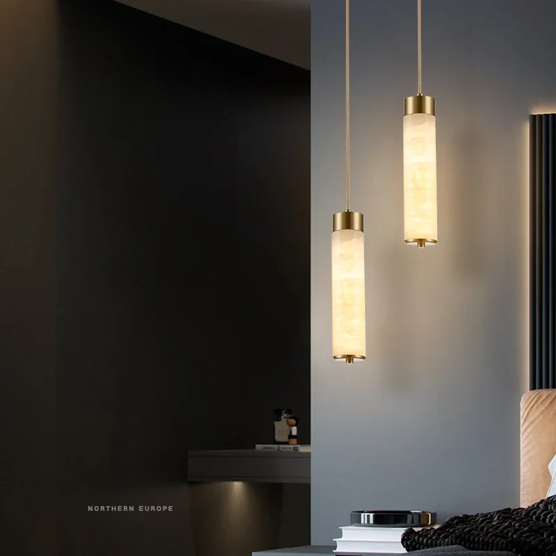 

Natural Marble LED Pendant Lights Brass Bedside Bar Dining Room Kitchen Hanglamp Gold Copper Nordic Lamp Cord Adjustable