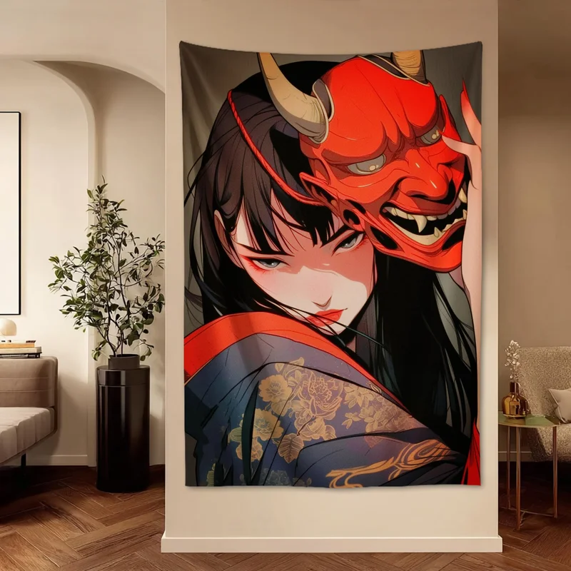 VIKAMA Japanese Demon Mask Tapestry Anime Girl Hannya Oni Kimono Dark Ukiyo-e Style Wall Hanging Otaku Wall Art Room Decor
