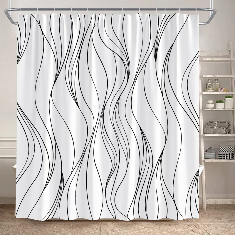 Modern Geometric Shower Curtain Black Line Pattern Minimalist White Bath Curtains Polyester Cloth Home Bathroom Decor with Hooks