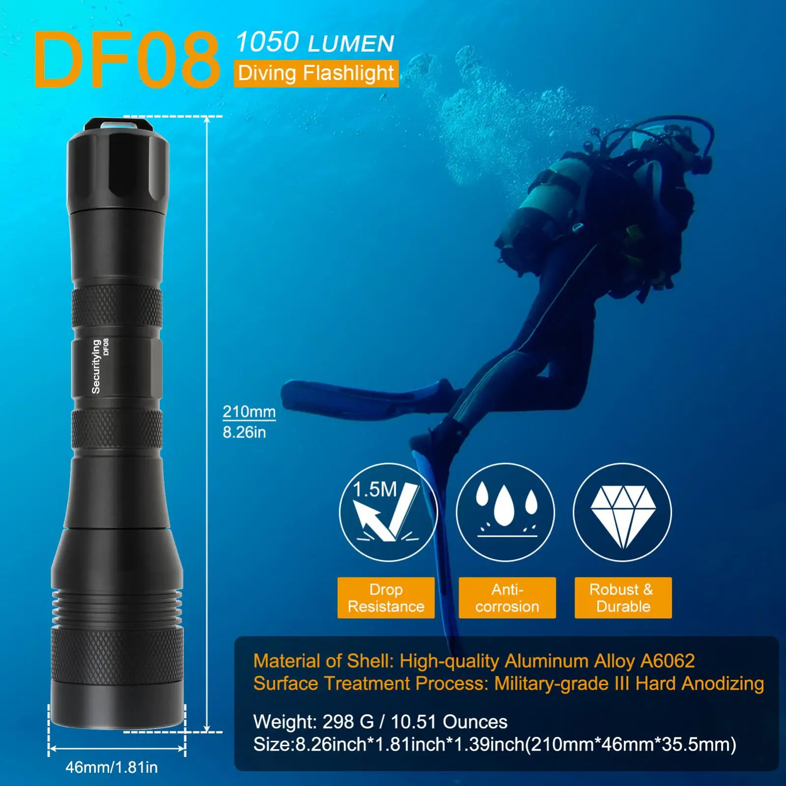 DF08 Super Bright Scuba Diving Flashlight Underwater 150m IPX8 Waterproof LED Diving Light with Clip 6pcs Battery Dive Torch