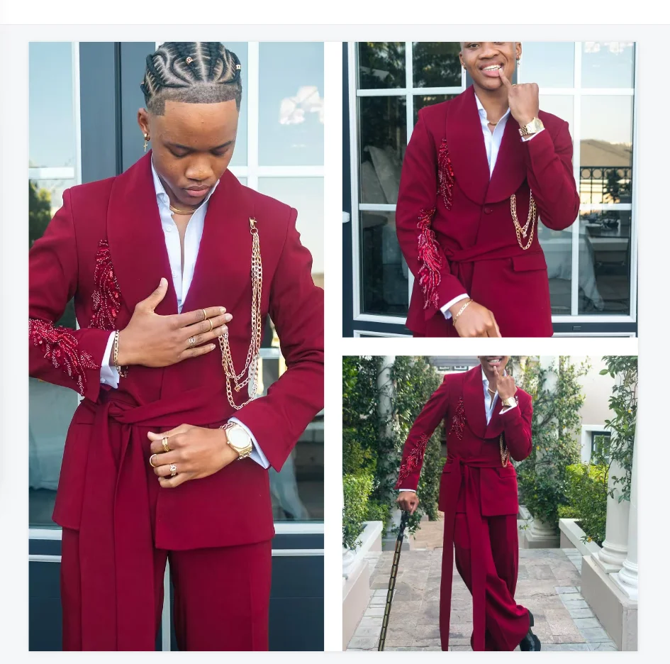 

Dark Red Men Suits 2 Piece Blazer+Pants Luxury Crystals Stone Wedding Tuxedo Coat Customized Formal Office Jacket Trousers Belt
