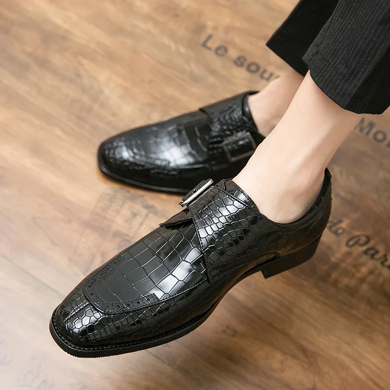 Men Formal Shoes Cap Toe Buckle Brown Classic Style Mens Dress Shoes Crocodile Prints Brogue Leather Men Banquet Wedding Shoes image 4