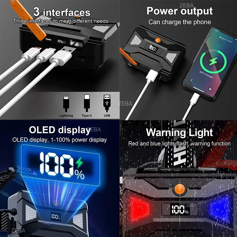 2026 1000W Powerful LED Headlamp Super Bright Rechargeable Head Flashlight 3*18650 Zoomable Head Torch Fishing Hunting Headlight