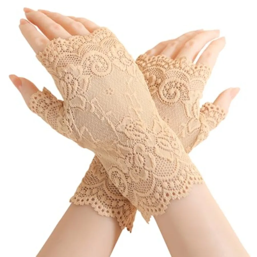 Women Short Lace Gloves, Fingerless Sunblock Bridal Wrist Gloves Opera Evening Wedding Tea Party Prom Cosplay 1920s