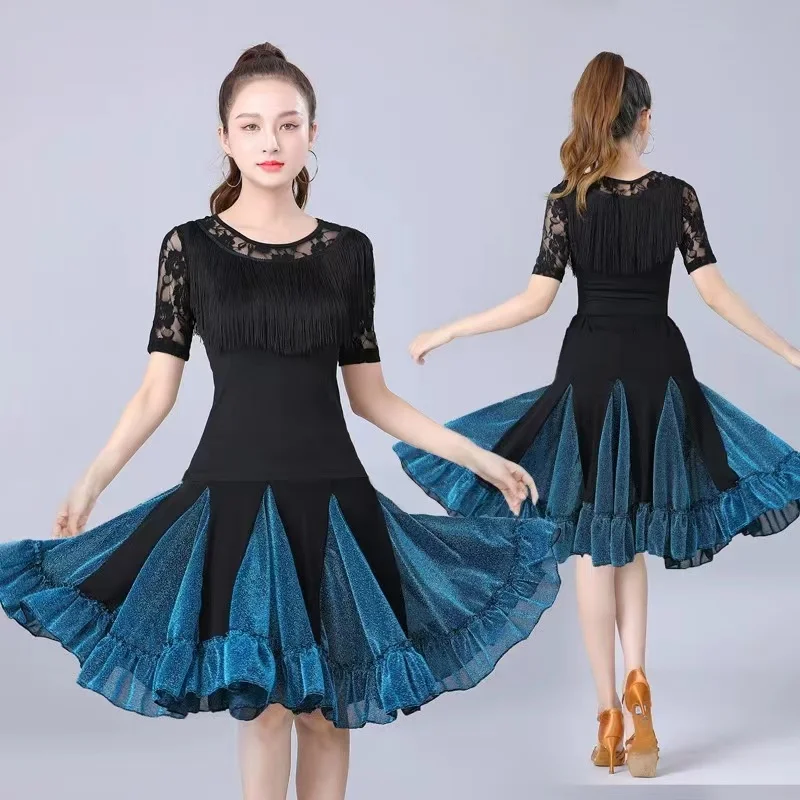 Elegant Lace Mid-Long Latin Dance Skirt For Women New Style Comfory Soft Ballroom Dance Waltz Dance wear Tops and Skirt 2 color