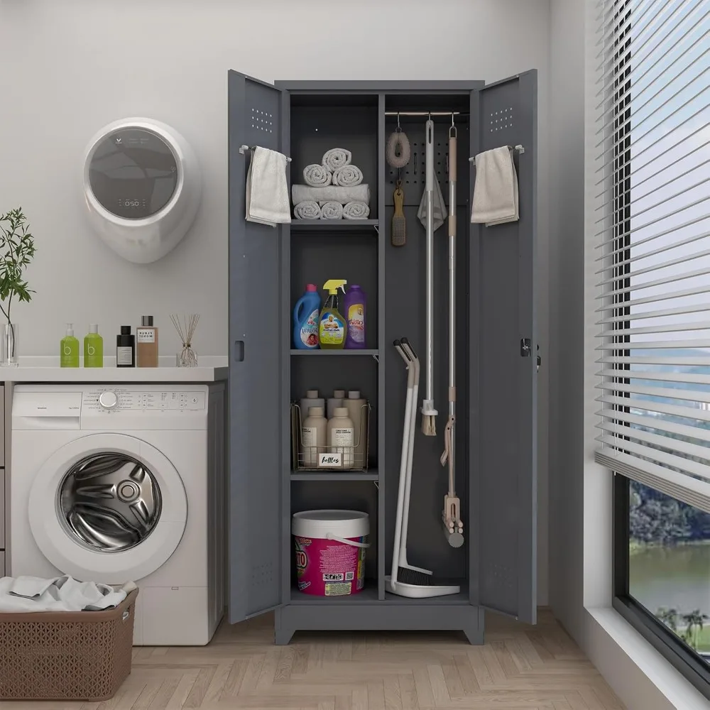 Gabinetes de almacenamiento de metal con puertas bloqueables y estantes ajustables para garaje, armario organizador de escoba gris para limpieza S