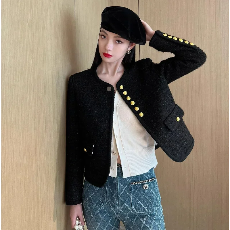 

Black Crop Tweed Jackets for Women College Style Wool Blend Coats Designer Niche Tops 2024 Autumn Pocket Solid Short Clothing