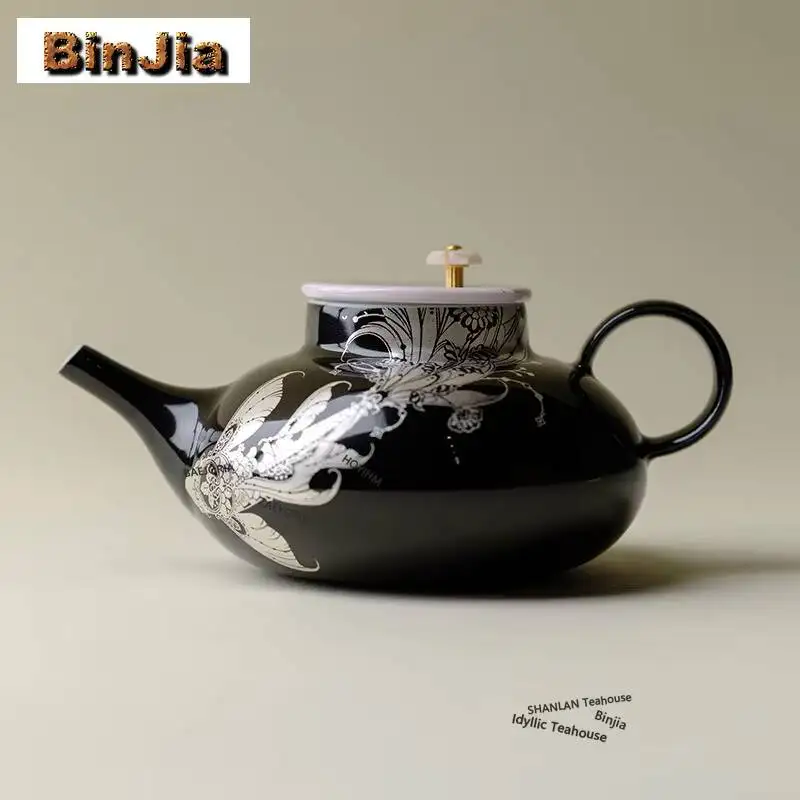 BAEJORIA 135ml Black Shadow Swimming Fish Teapot Boutique Tea Infuser Pot Tea Maker Kettle With Ball Hole Cha Supplies Craft
