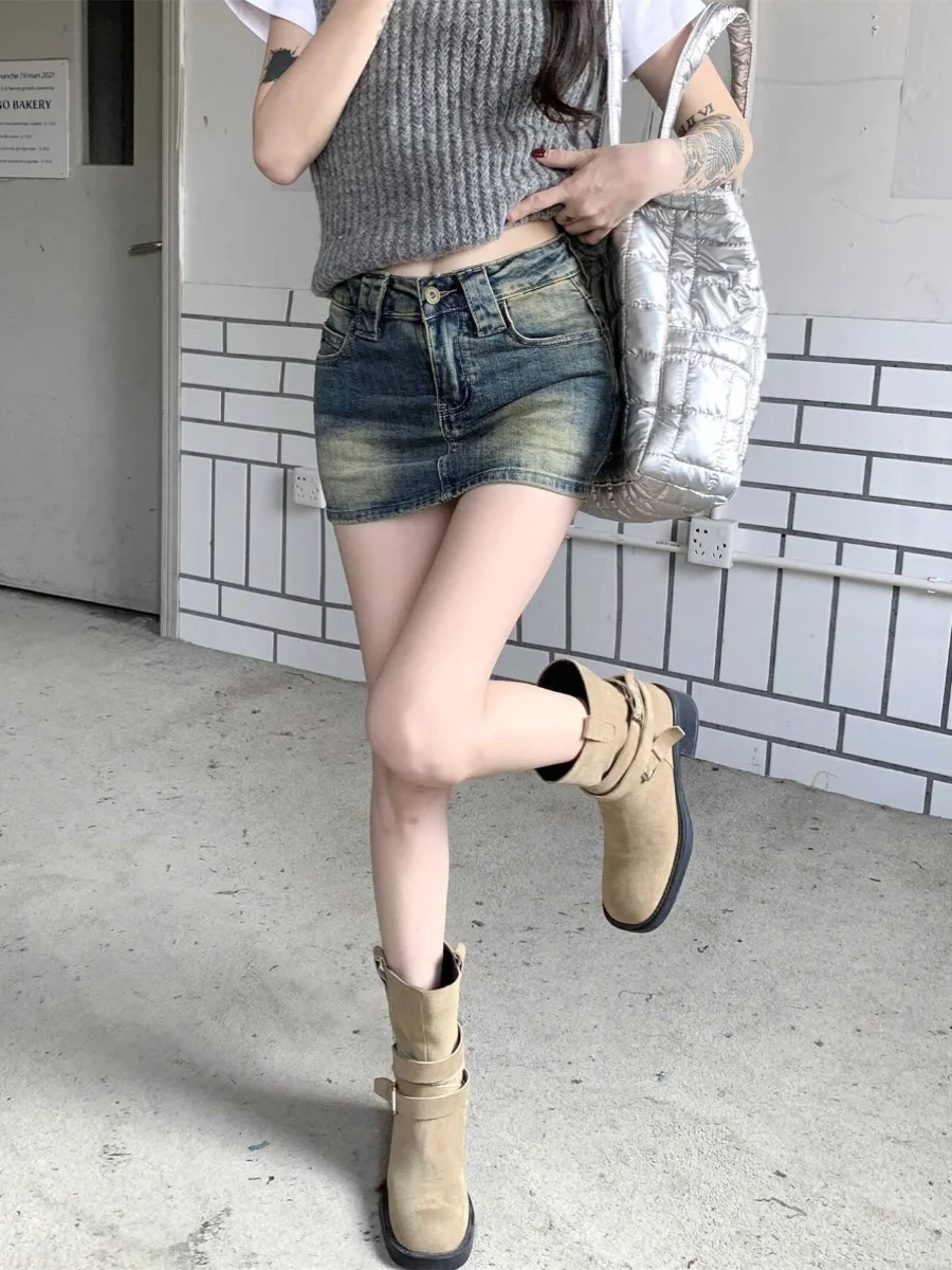 

Faionable Retro ort Denim Skirt A-Line f-length Heightening Korean Sle High Waist Vintage Look Commute Friendly