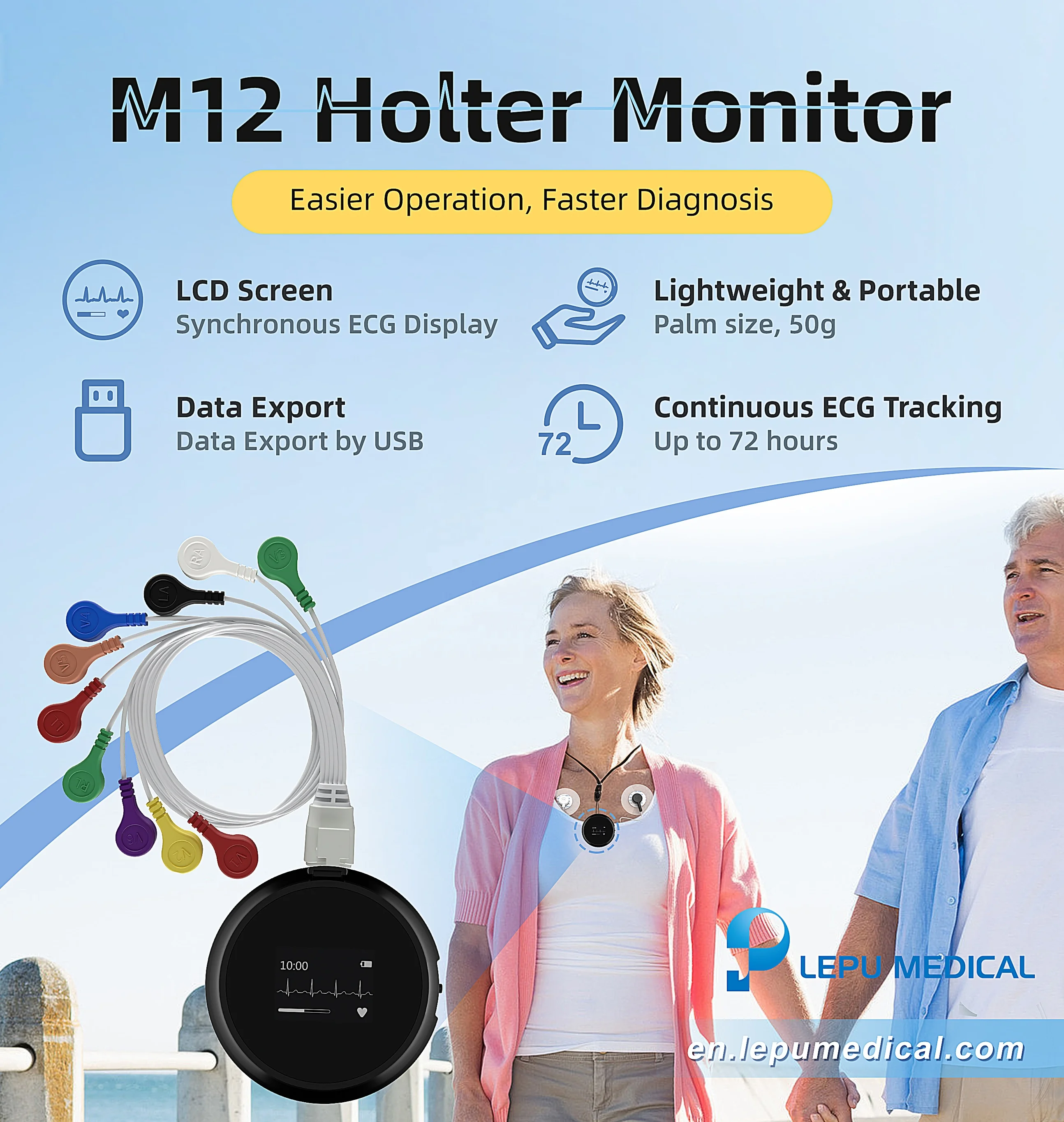 LEPU Rechargeable 48 72 Hours Wearable Holter Monitoring Patient 12 Lead ECG Dynami EKG HOLTER with AI Tracker Analysis