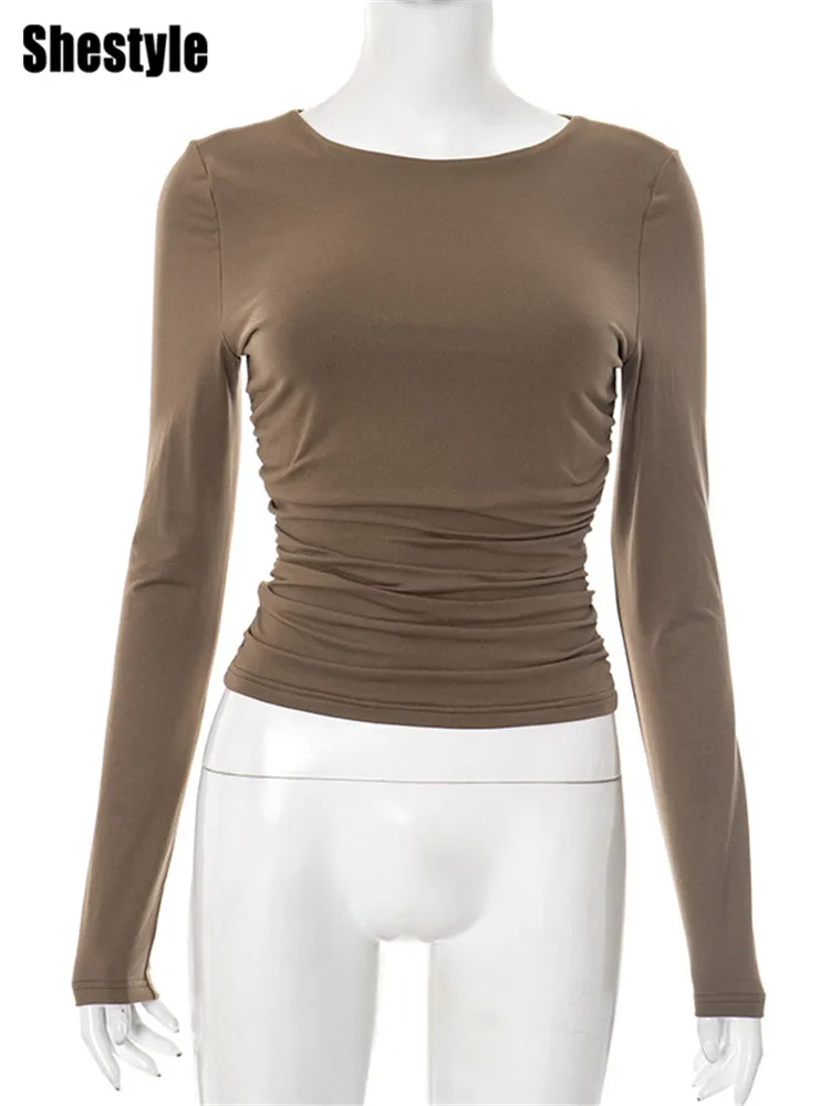 Shestyle Rundhals-Langarm-T-Shirt für Damen, 2025, Herbst, solide, sexy, atmungsaktiv, braun, atemberaubende Basic-Tops, Streetwear, einfach