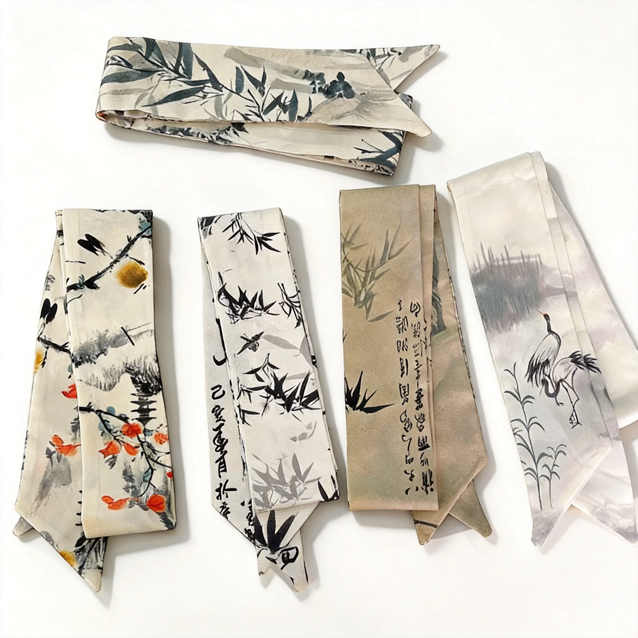 Soft Chinese Style Ink Painting Print Satin Hair Scarf Bamboo Crane Maple Leaf Pattern Vintage Long Hair Ribbon For Women Hanfu