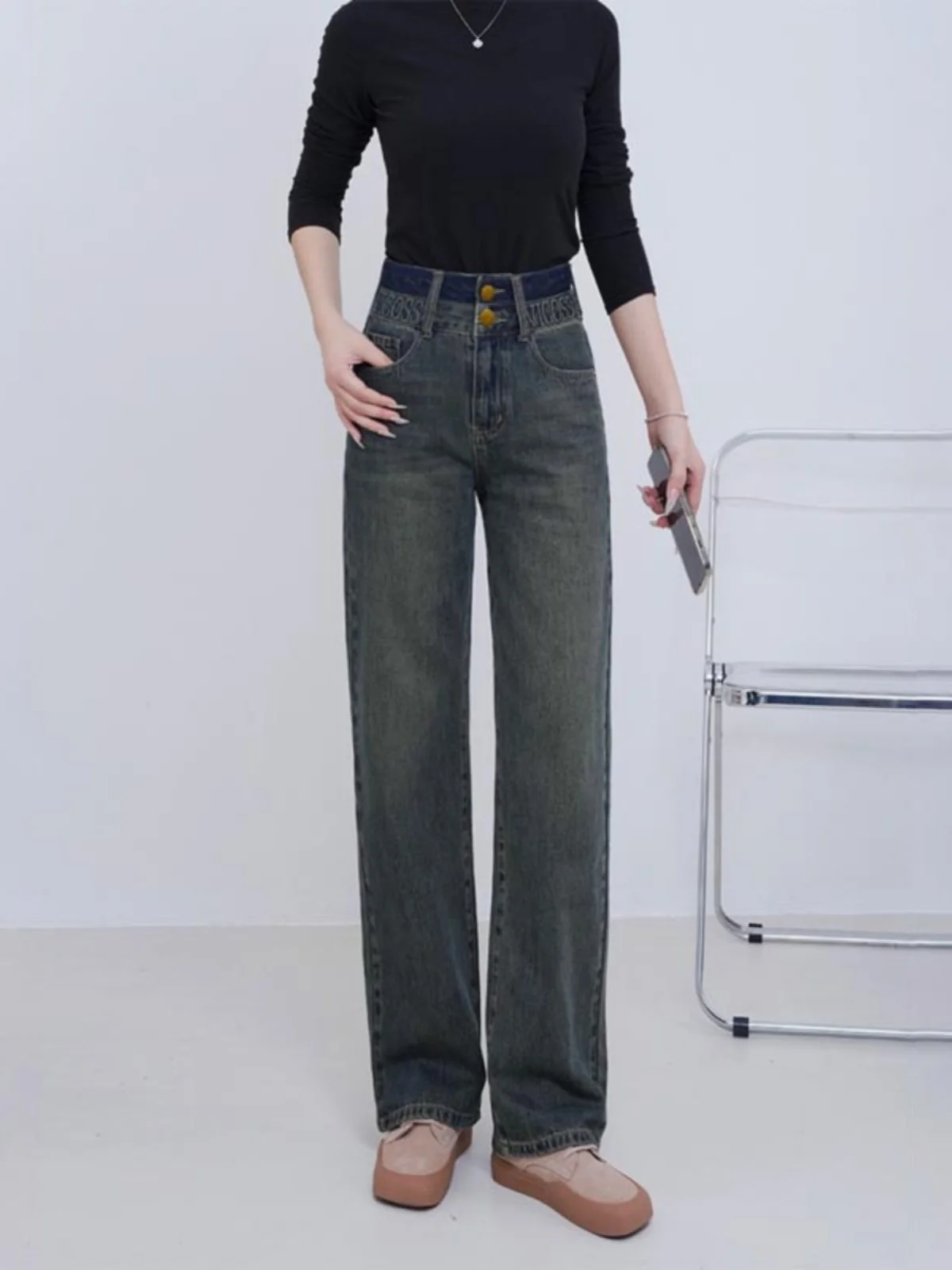 High Waist Wide Leg Jeans Women's Spring Summer New Faion Loose Slim Splicing Letter Straight Cut Jeans Cotton Polyester Blend