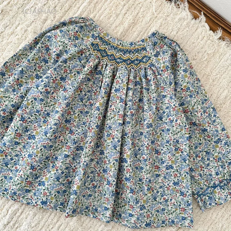 

Smocking Girl Clothes Children Girls Printed Hand Smocked Blouse Cotton Shirt Costume Baby Kids Underwear Flowers Top T-shirts