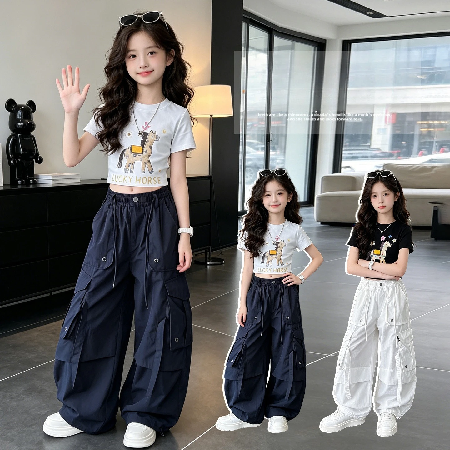 

Teens Kids Casual Street Style Y2K Clothes Sets Outfits for Girls Summer Tops + Cargo Pants Streetwear Kids Cool Clothing Suits