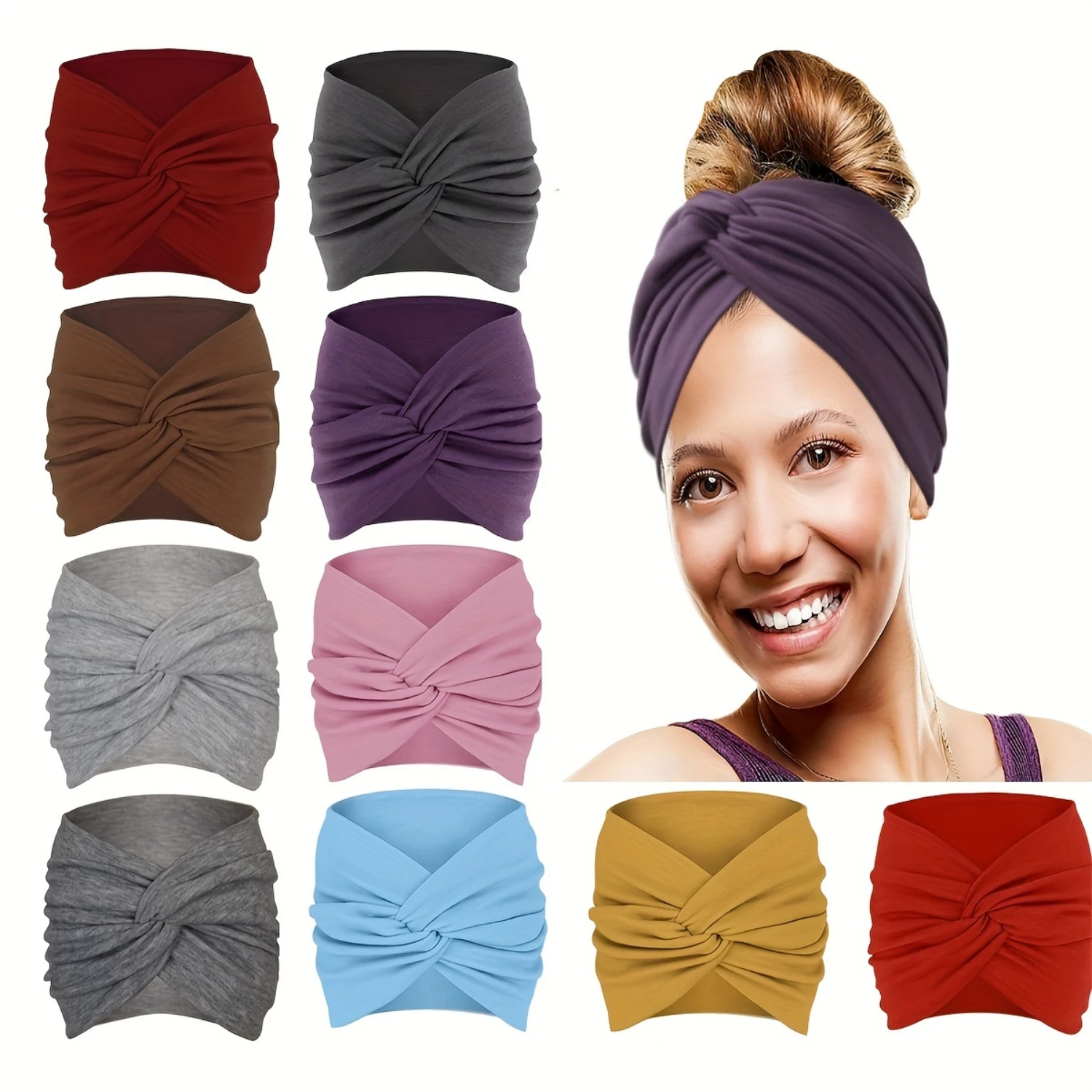 10pcs Wide Headbands For Women Solid Knotted Head Wraps Thick Hair Bands Large Wraps Elastic Non-Slip Yoga Workout Sweatbands Fo