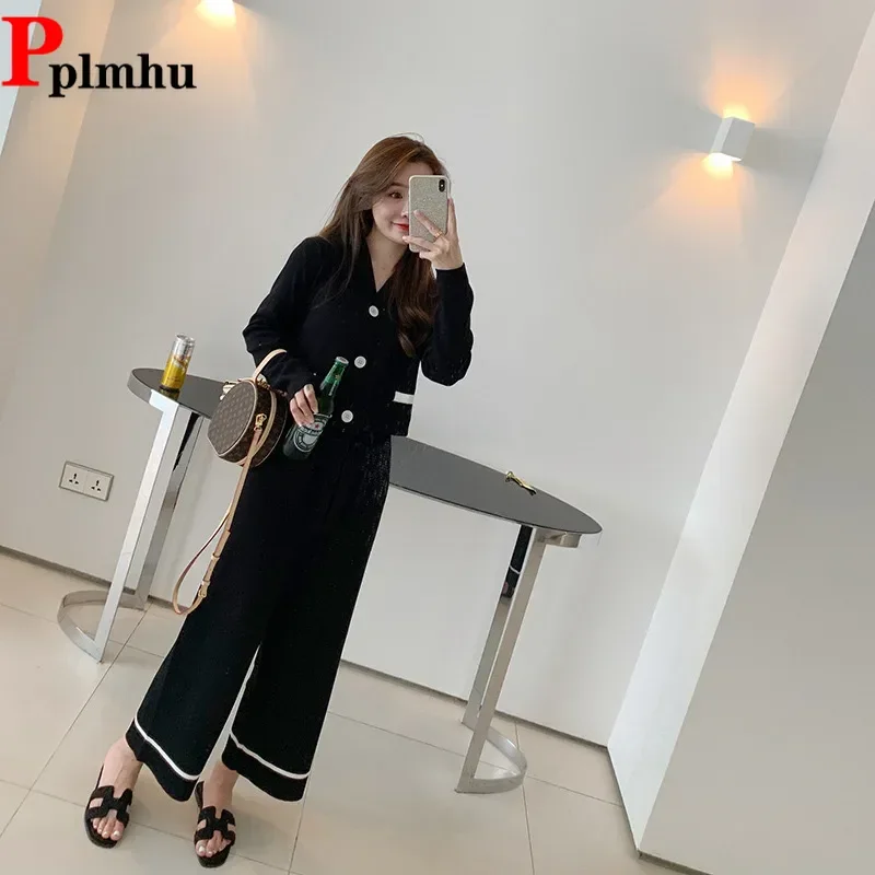 

Elegant Knitted Women 2 Piece Sets High Waist Wide Leg Ankle Length Pants Suit Korea V-neck Cardigan Sweater Coats Tops Outfit