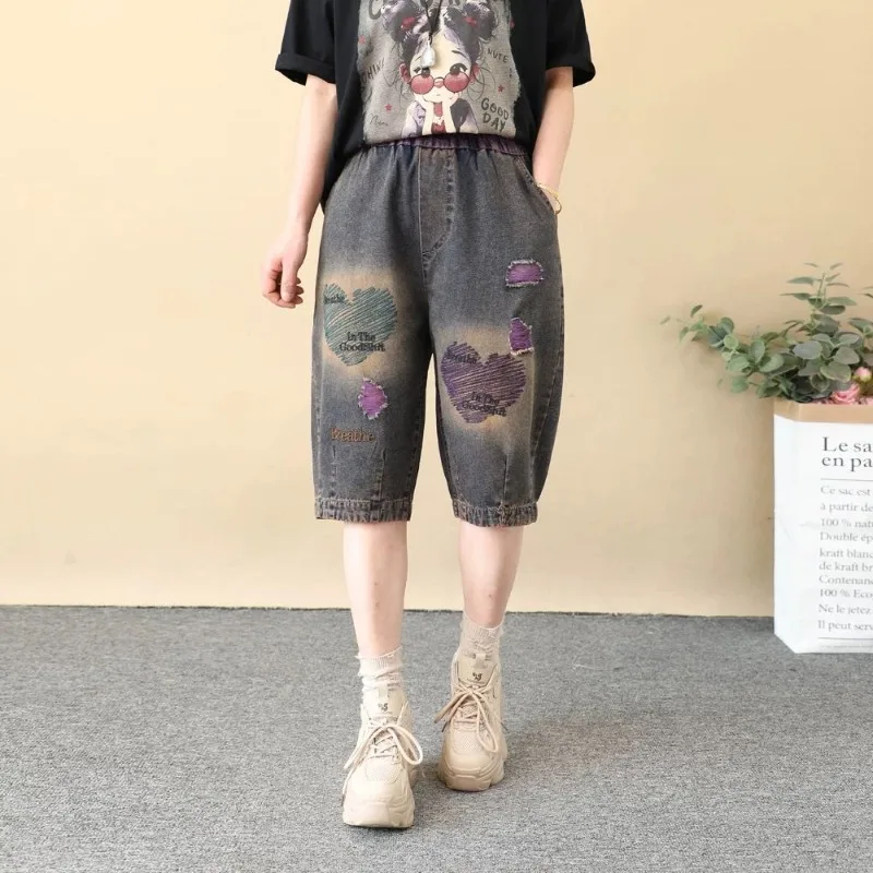 

Women's Plus Size Mickey Embroidery Capris Thin Letter Pocket Loose Straight Leg Cuffed Cropped Pants Summer ladies clothes