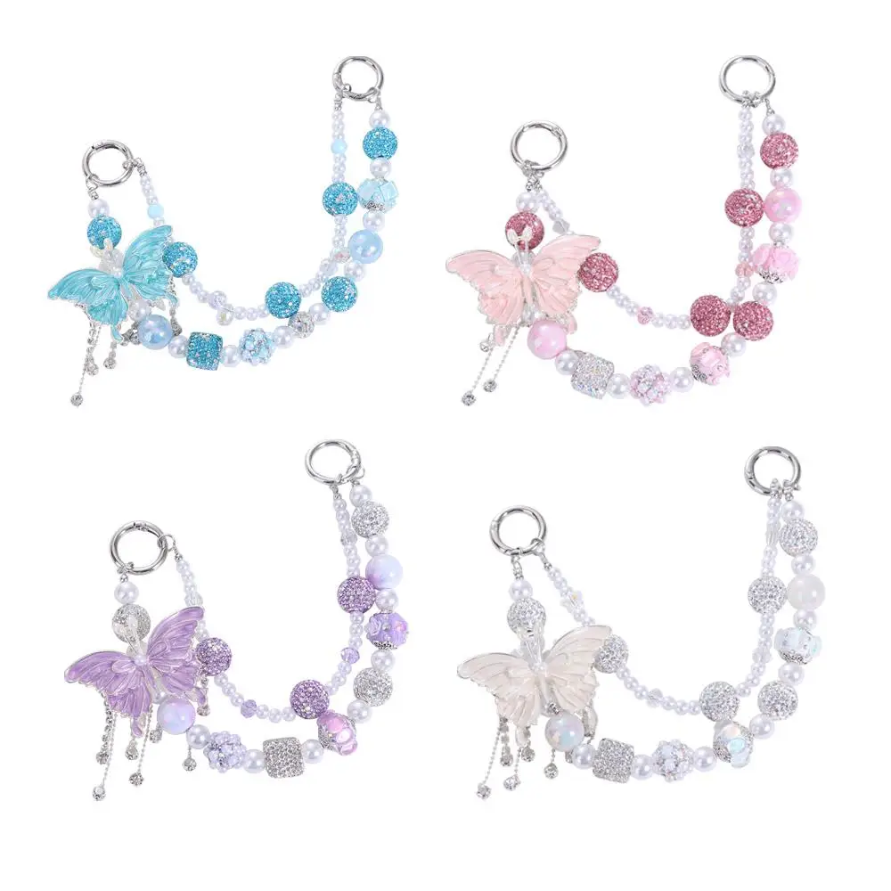 

Glitter Rhinestone Phone Chain Pearl Double Layer Beaded Cell Phone Lanyard Wrist Strap Anti-loss Butterfly Key Chain Key Chain