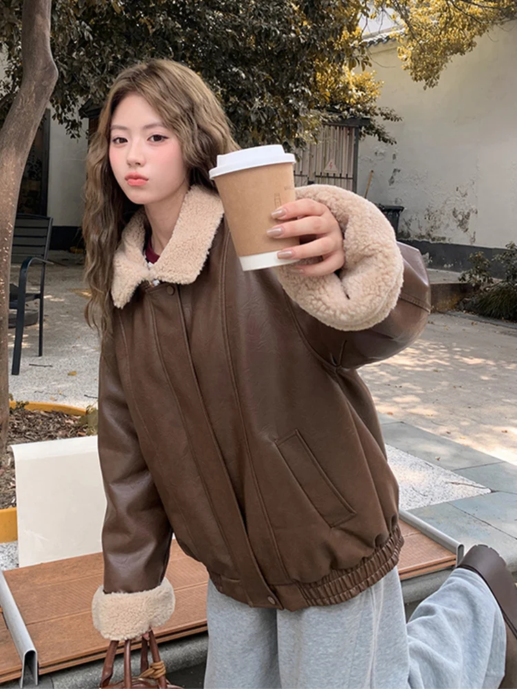 Thiened ort ラムファージャケット レディース 冬用アウター レトロ PU レザーコート 暖かい カジュアル ルーズフィット ジッパー開閉 カラー