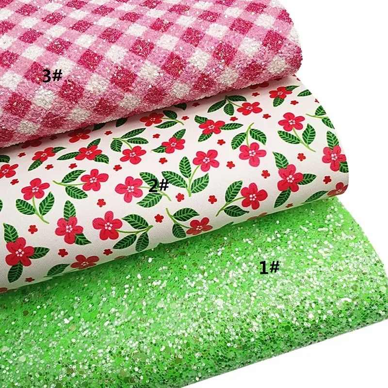 Rose Glitter Leather Sheets Plaids Custom Glitter Faux Leather Flowers Hearts Printed Leather DIY Craft Sheets Mini Rolls W455