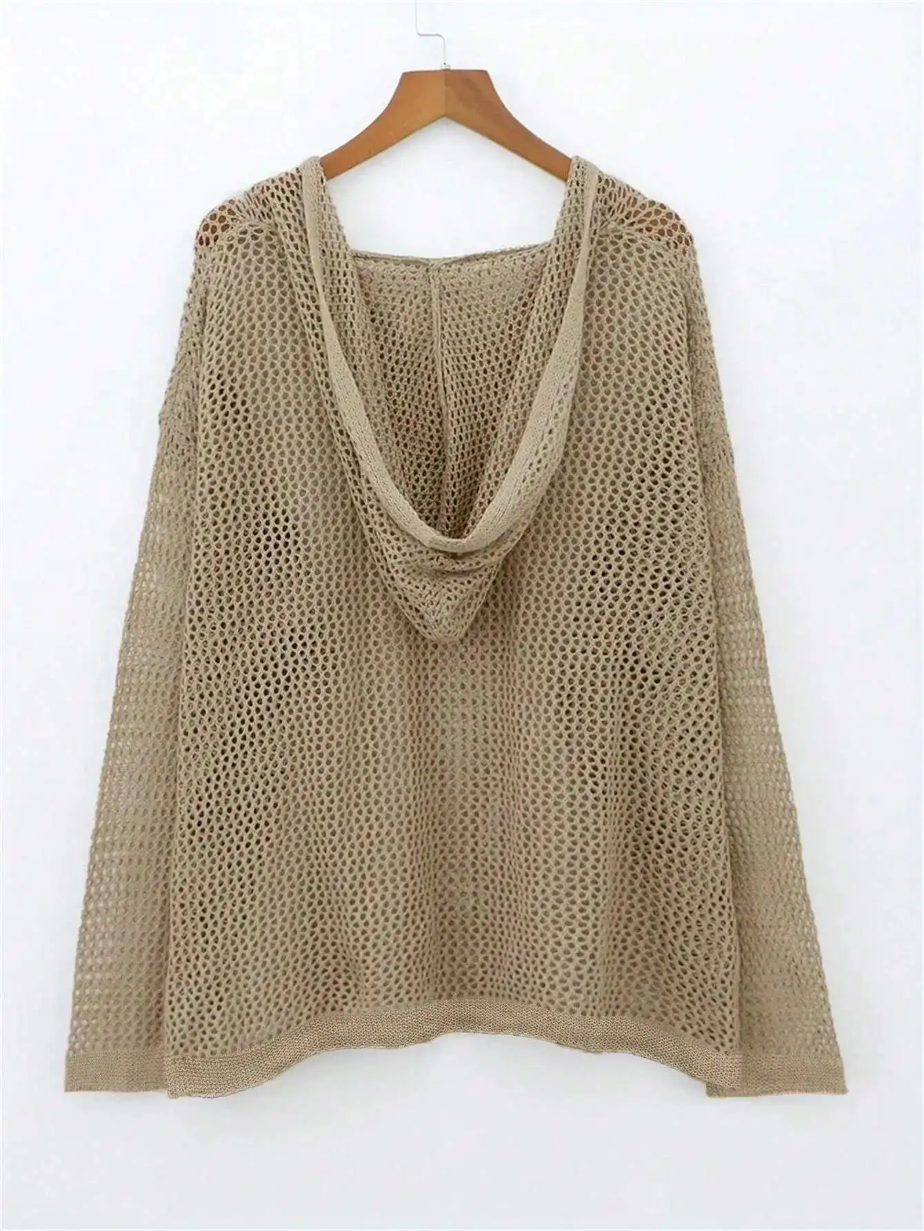 

Plus Size Women Solid Color Drop Shoulder Long Sleeve Hollow Knit Hooded Sweater Casual Spring Autumn Beach Vacation Top