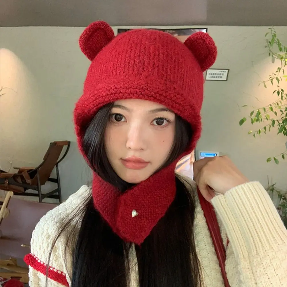 Windproof Knitted Balaclava Hat Neck Cold Proof Thickened Women Scarf Winter Hat Solid Color Korean Style Warm Knit Cap Winter