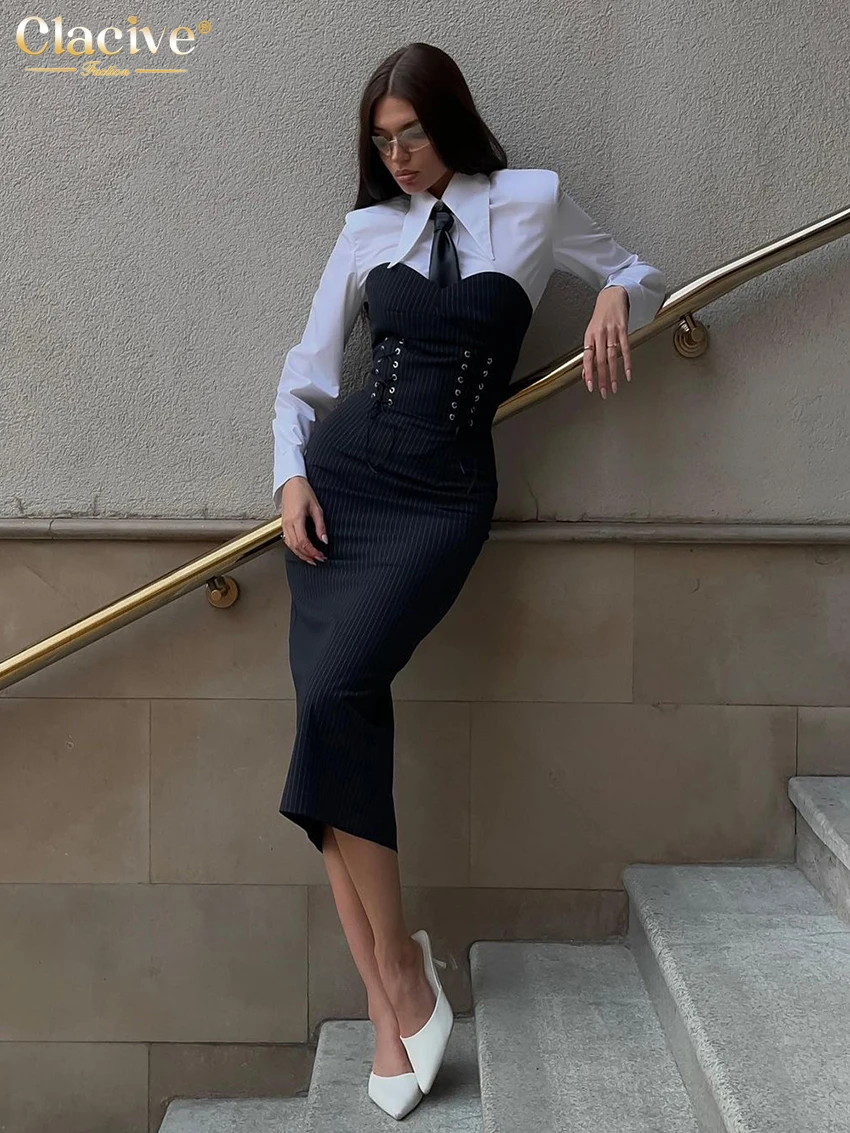 

Clacive Fashion Slim Black 2 Piece Sets Women Outfit Elegant Long Sleeve Shirt With Strapless Bandage Midi Dress Set Streetwear