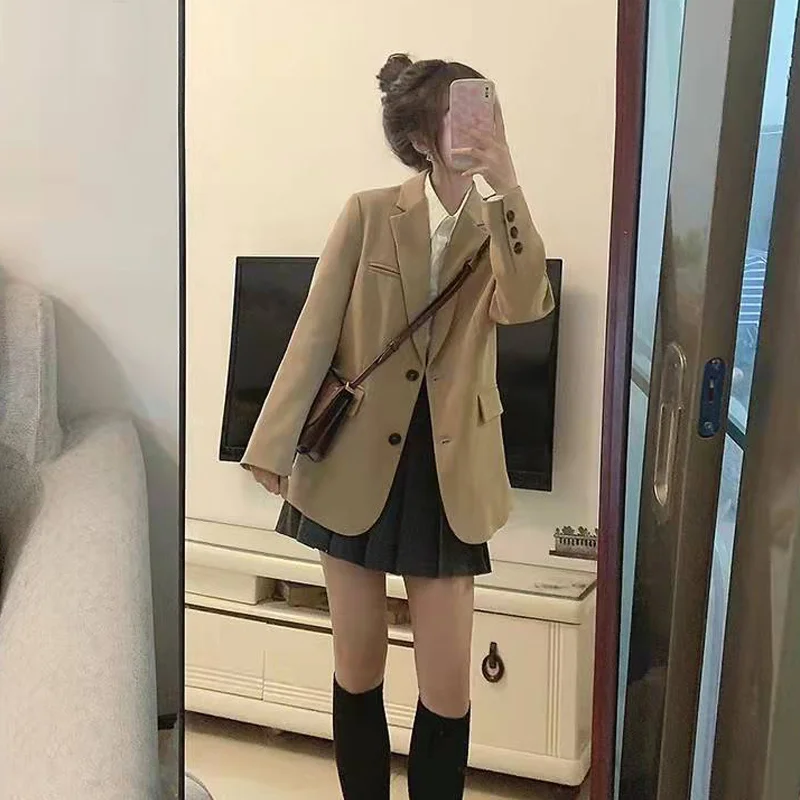 

Long Blazers Woman Vintage Tweed Blazer Double-Buttoned Lapel Slim Fit Office Lady Autumn Fashion Outwear Pinstripe Elegant