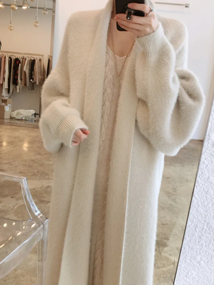 UCXQ Elegant Long Jacket Korean Style Belt Waist Cardigan Loose All Match Office Lady Warm Coat Women 2024 Autumn Winter 23A9785