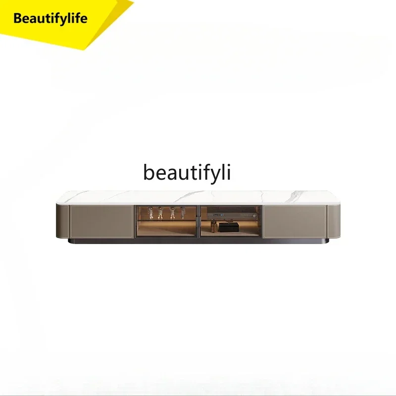 

Q181 Saddle leather TV cabinet coffee table combination designer rock slab floor cabinet extended solid wood