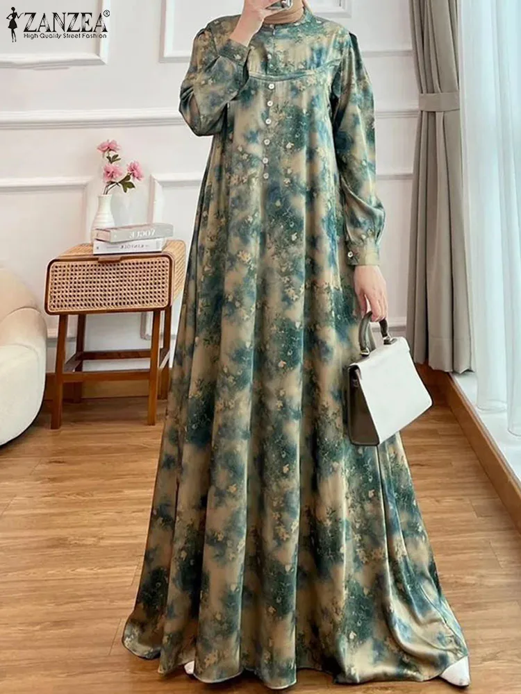 

ZANZEA Women Vintage Islamic Clothing Marocain Eid Mubarek Muslim Sundress Spring Floral Printed Dubai Turkey Abaya Hijab Dress