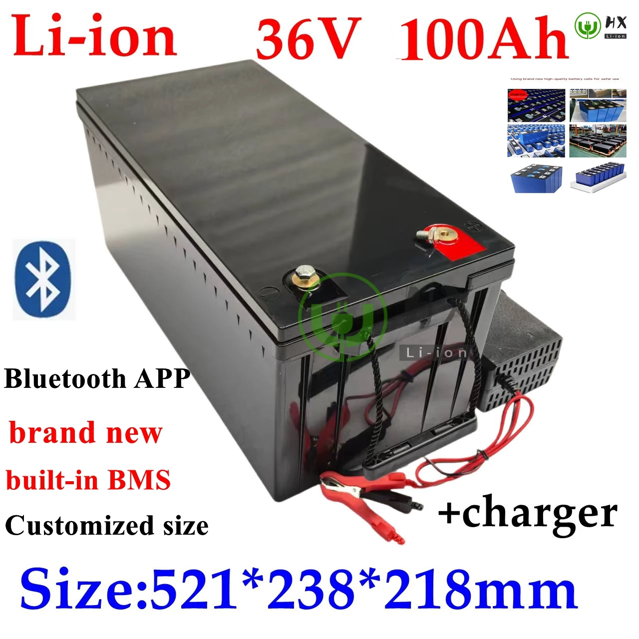 HX-Batterie lithium-ion étanche, 36V, 100Ah, BMS Films, 3500W, 2000W, Vélo de Sicile, Scooter, Massage solaire, EV, Charger 10A.