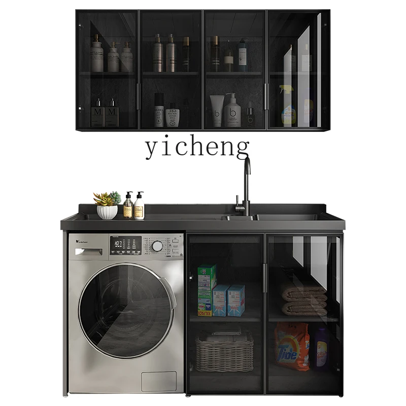 TQH Laundry Cabinet Space Aluminum Quartz Stone Integrated Balcony Cabinet with Rubbing Board Basin Cabinet Combination