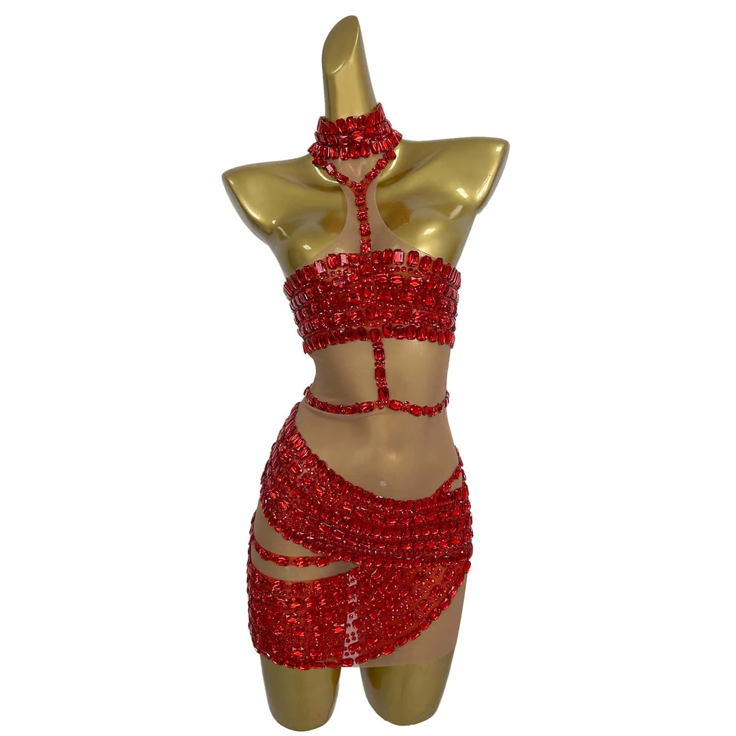 Luxury Sparkly Red Rhinestone Mini Dress Women Sexy Nightclub Party Dance Performance Costume Dancer Show Stage Wear Fangtang