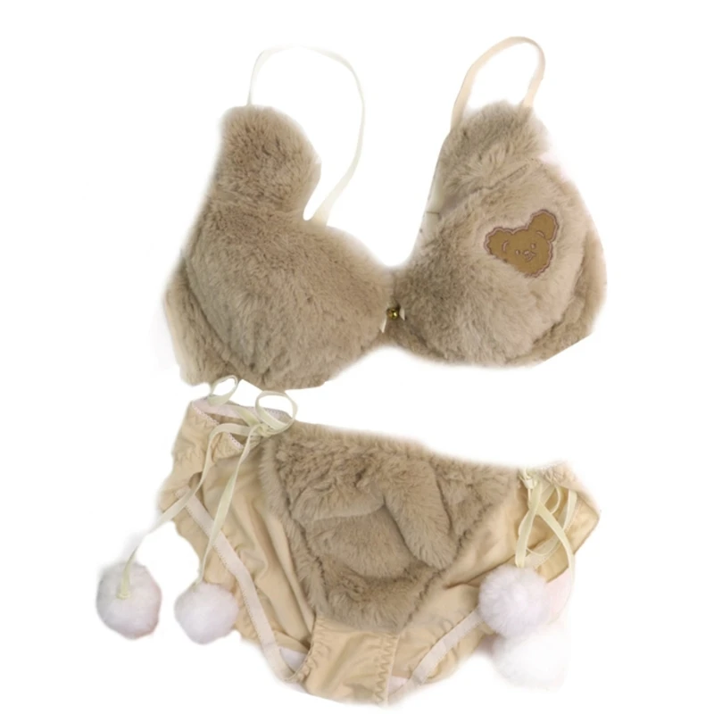 Women's 2Pcs Furry Bra and Panty Set Bear Pattern Fuzzy Plush Wireless  Brassiere Underwear Japanese Anime Lingerie